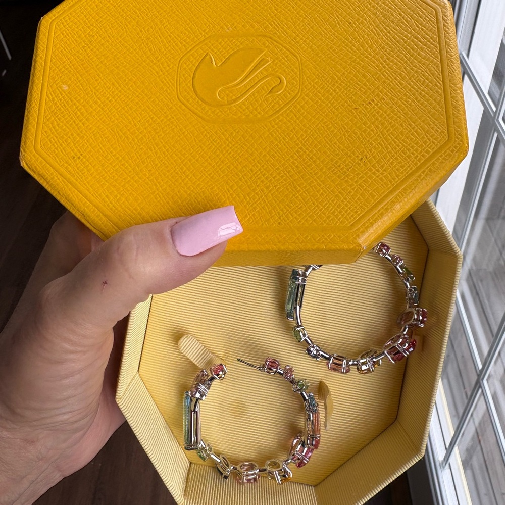 Swarovski Silver Hoop Earrings with Multicolor Gemstone Accents - Women Jewelry